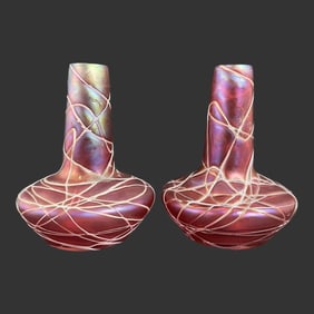 Pair of Loetz Art Glass Iridescent Ruby Red Vases