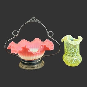 Lot of 2 Ruffled Edge Glass Bridal Basket & Vase