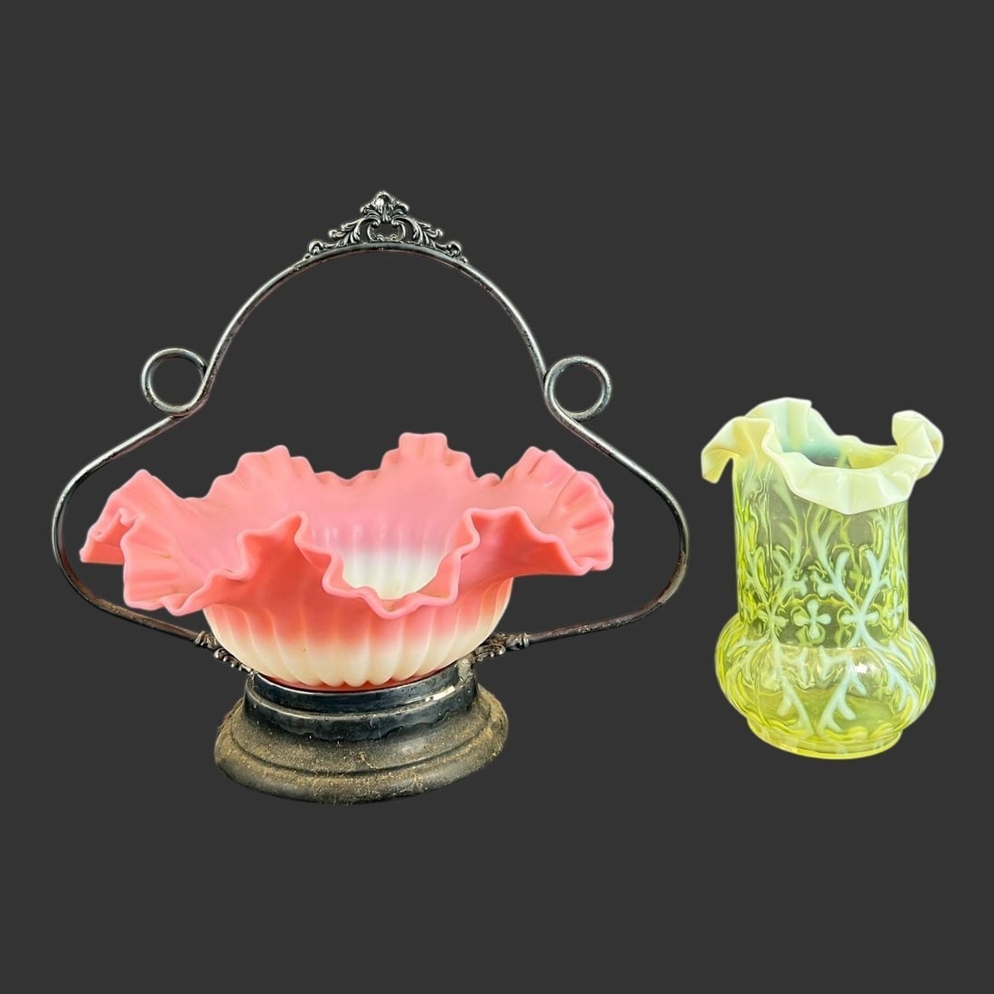 Lot of 2 Ruffled Edge Glass Bridal Basket & Vase (1 of 13)