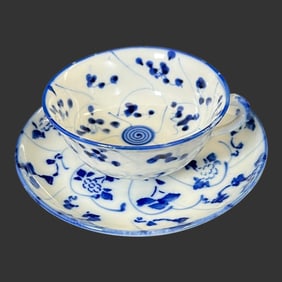 Oriental Flow Blue Porcelain Swirl Cup & Saucer