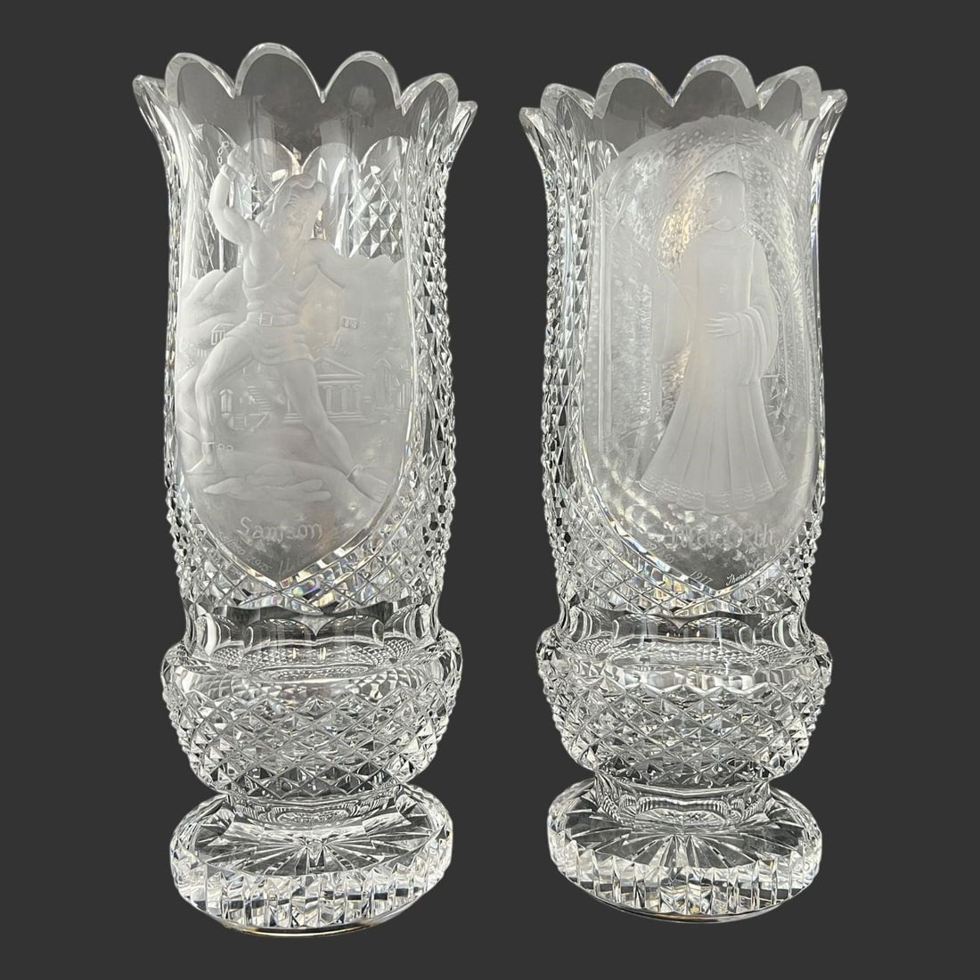 Waterford Cut Crystal 'Samson' & 'Macbeth' Vases: Waterford Cut Crystal 'Samson' & 'Macbeth' Vases. 'Samson: #55/250, 1975, John Connolly, Waterford.' 'Macbeth: #39/250, 1977, Thomas Cooke, Waterford.' Approx. Dimensions (in): 11 x 4.75 x 4.75. Buyer