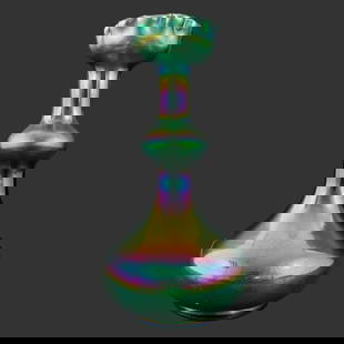 Loetz-Style Iridescent Bohemian Glass Vase: Loetz-Style Iridescent Bohemian Glass Vase. Iridescent finish. Unsigned. Approx. Dimensions (in): 8.75 x 4.5 x 4.5. Buyer pays shipping cost. We provide in-house shipping for most of the items. Our sh