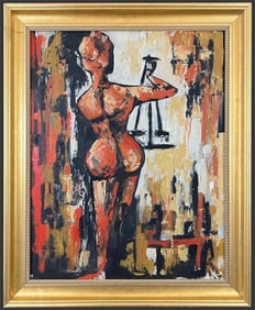 Framed Abstract 'Lady Justice' Painting On Board