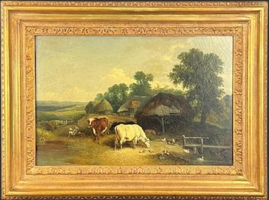 Antique Farm Landscape Scene Cows Oil Painting