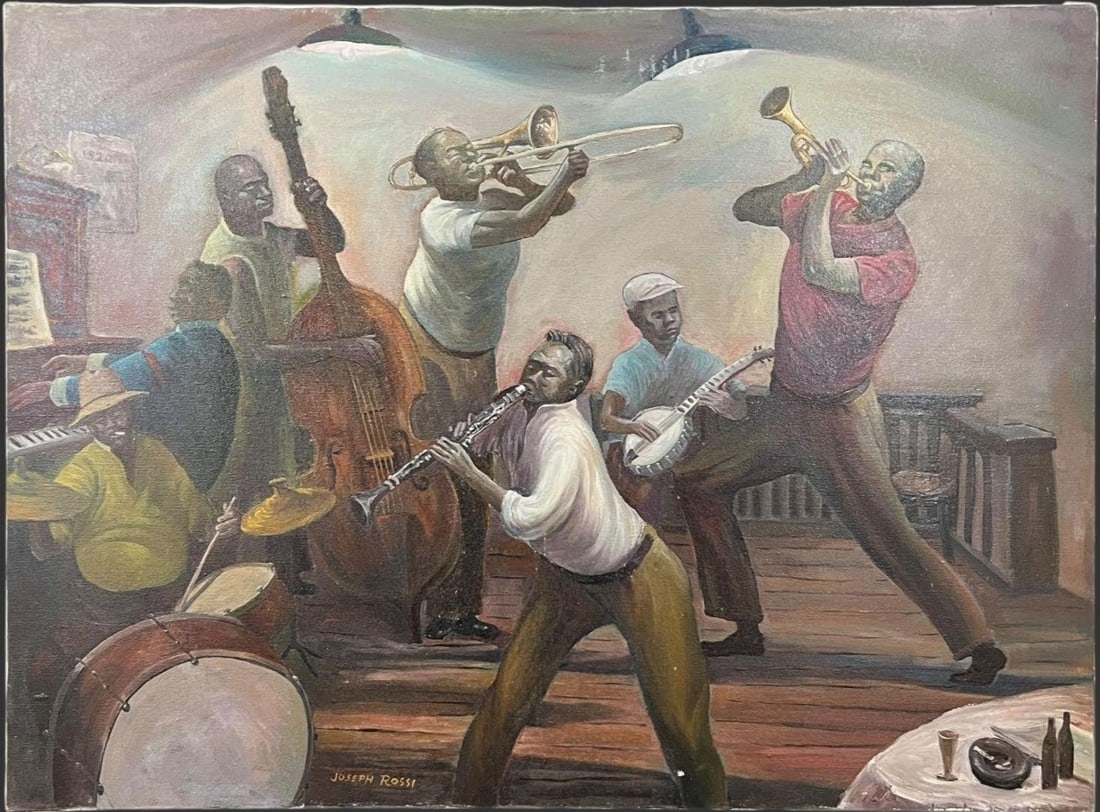 Joseph Rossi (New Jersey, 20th C) Oil Painting: Joseph Rossi (New Jersey, 20th C) Oil Painting. Titled 'Jazz Time Seven.' This painting depicts a group of African musicians in a Juke Joint or Barrelhouse. Signed on the center left. Approx. Painting
