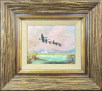 Artist Signed Birds Nature Oil Painting on Board: Artist Signed Birds Nature Oil Painting on Board. This painting depicts a flock of birds / geese / ducks flying. Artist illegibly signed on the bottom right corner. Approx. Painting Dimensions (in): 7