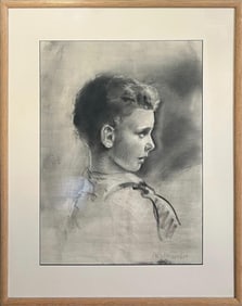 Signed Female Portrait Charcoal Sketch Drawing