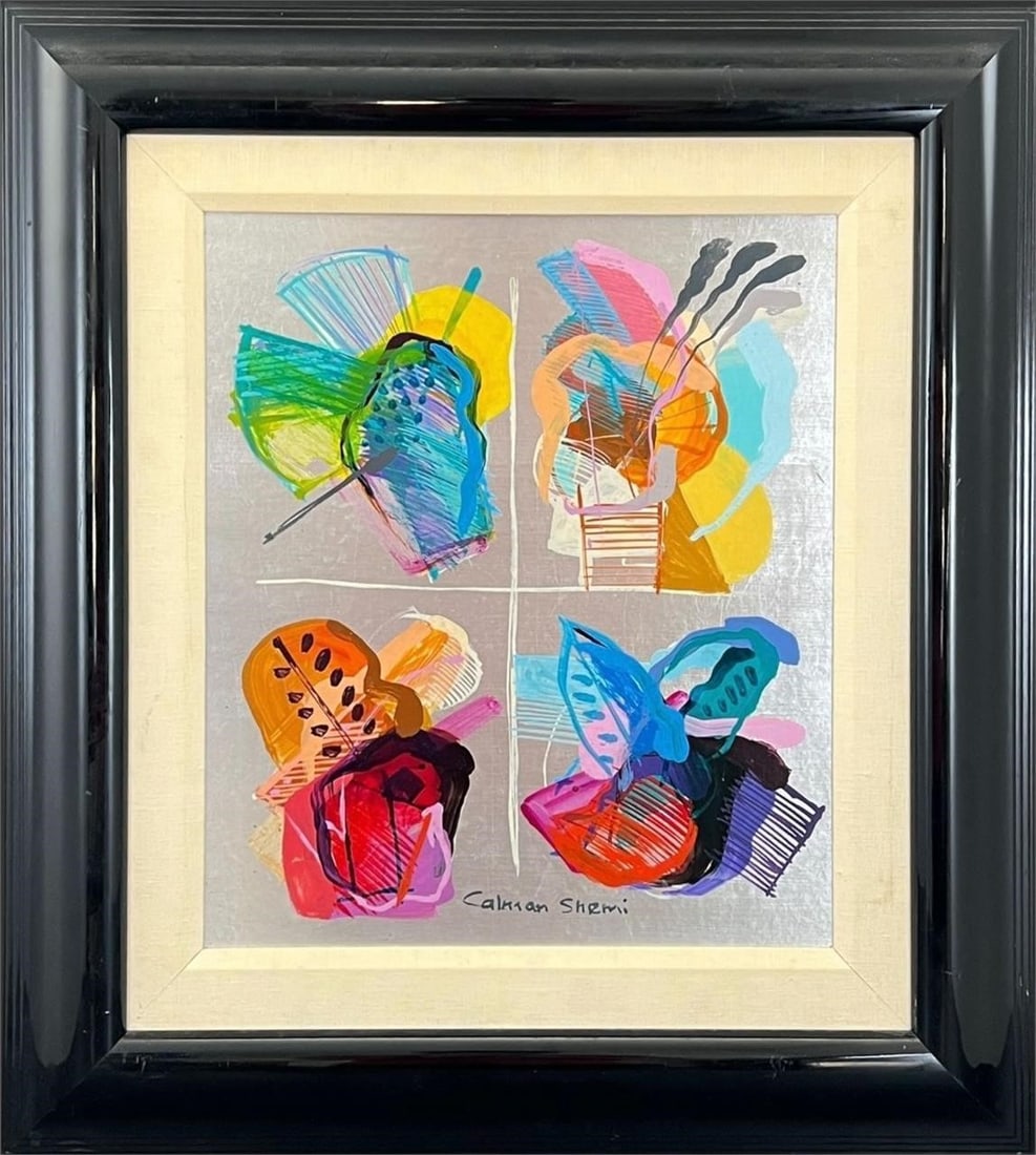 Calman Shemi '4 Days in Summer' Acrylic On Board: Calman Shemi '4 Days in Summer' Acrylic On Board . Calman Shemi (B. Argentina, 1939). '4 Days in Summer' Original Acrylic On Board Painting. Abstract colorful scene. Approx. Frame Size (in): 27 x 25 x