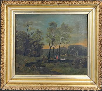Framed Landscape Scene Oil Painting On Canvas: Framed Landscape Scene Oil Painting On Canvas . This folk art painting depicts a landscape scene with a couple on a boat going down a river. Approx. frame dimensions (in): 15 x 17.25 x 1.75, Approx. p