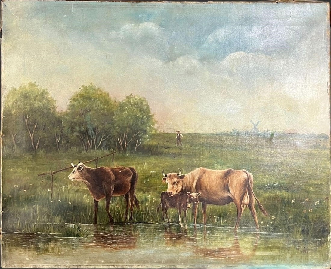 Landscape Farm Cow Scene Oil Painting Canvas 1890 (1 of 5)