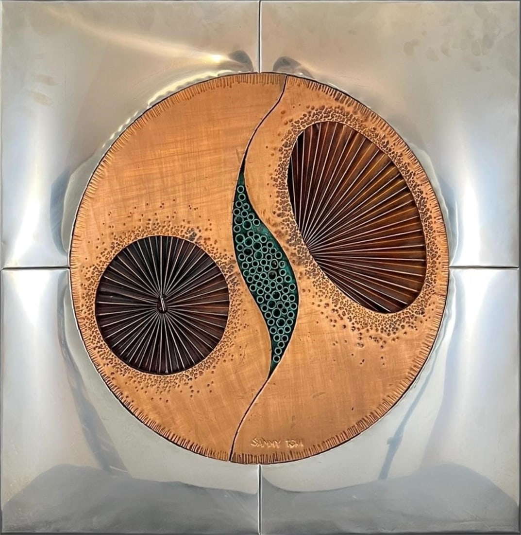 Sammy Tsui 1960s Mixed Metal Brutalist Artwork: Sammy Tsui 1960s Mixed Metal Brutalist Artwork. Artist signed. Approx. Dimensions (in): 28 x 28 x 1.25. Buyer pays shipping cost. We provide in-house shipping for most of the items. Our shipping quote