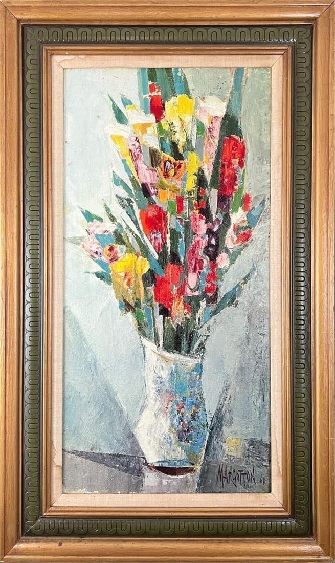 Rene Margotton (French,1915-2009) Still Life: Rene Margotton (French,1915-2009) Still Life. Oil painting on canvas. Dated 1960. This painting depicts flowers in a vase. Approx. Painting Size (in): 29.75 x 14.5, Approx. Frame Size (in): 38 x 23 x