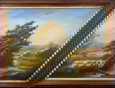 American School XIX c. Folk Art Pastoral Painting: American School XIX c. Folk Art Pastoral Painting. Pastoral landscape depicting a large tree next to a stream, where tow figures appear to be crossing on a log. In the background, there is a red barn