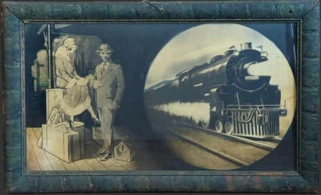 Art Deco Reverse Painting on Glass Train