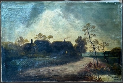 Antique Village Scene Oil Painting on Canvas 1908