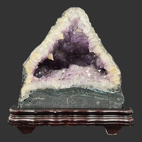 Natural Amethyst Crystals Geode w/ Wooden Stand