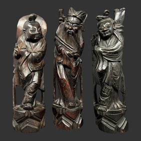 Lot of 3 Carved Inlay Wood Chinese Asian Figurines