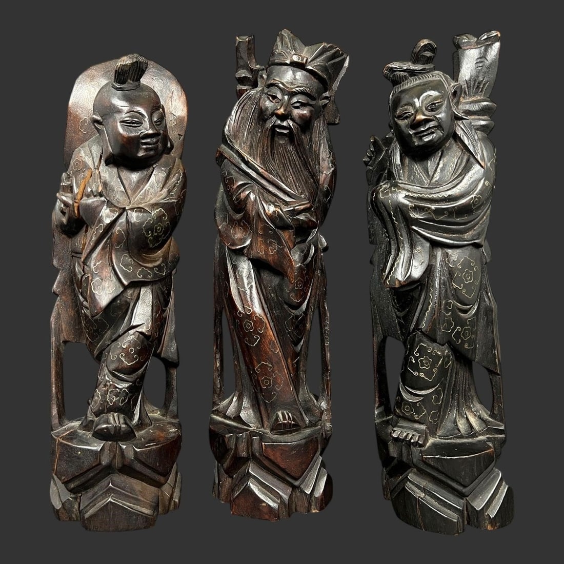 Lot of 3 Carved Inlay Wood Chinese Asian Figurines: Lot of 3 Carved Inlay Wood Chinese Asian Figurines. Approx. dimensions (in): 11.75 x 3 x 2.75. Buyer pays shipping cost. We provide in-house shipping for most of the items. Our shipping quote is only 
