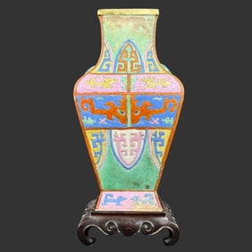 Chinese Art Deco Ceramic Vase w/ Wooden Stand