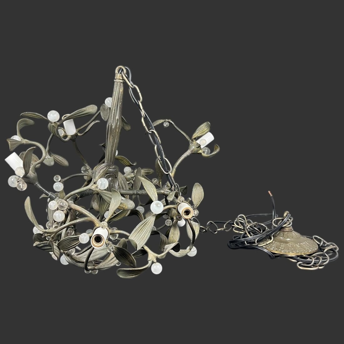 Art Nouveau French Mistletoe Bronze Chandelier: Art Nouveau French Mistletoe Bronze Chandelier. For parts or rapair, appears to be missing a couple of branches and leaves. Approx. dimensions (in): 16.5 x 20.5 x 16. Buyer pays shipping cost. We prov