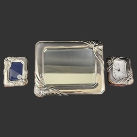 Sterling Silver Desk Set Clock Photo Frame Tray