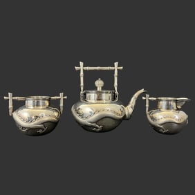 Chinese Sterling Silver Dragon Relief Tea Set