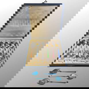 Sterling Silver Norway Enamel Demitasse Spoon Set: Sterling Silver Norway Enamel Demitasse Spoon Set. Fitted box contains six spoons, each spoon is stamped with Norway Sterling 925S. Three additional spoons are not part of the set, each is stamped wit