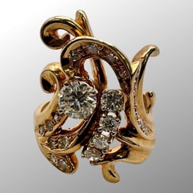 14K Yellow Gold Diamond Cluster Cocktail Ring
