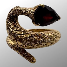 14K Yellow Gold Garnet Serpent Snake Ring