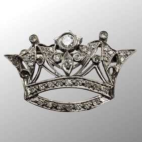 Antique 14K White Gold Diamond Crown Pin/Brooch