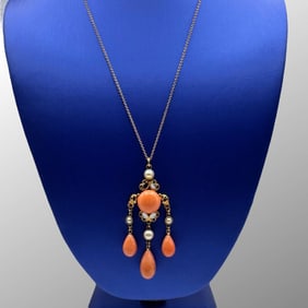 Victorian 14K Yellow Gold Coral Pearl Necklace Set