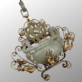 Antique 14K Gold Hetian Jade Chinese Pendant