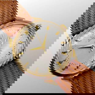 Omega Automatic 14K Yellow Gold Men's Wristwatch: Omega Automatic 14K Yellow Gold Men's Wristwatch . Swiss 17 jewels movement. 14 karat gold case. Diameter approx. 35mm with the crown. Light brown leather strap. Fully hallmarked, including gold conte
