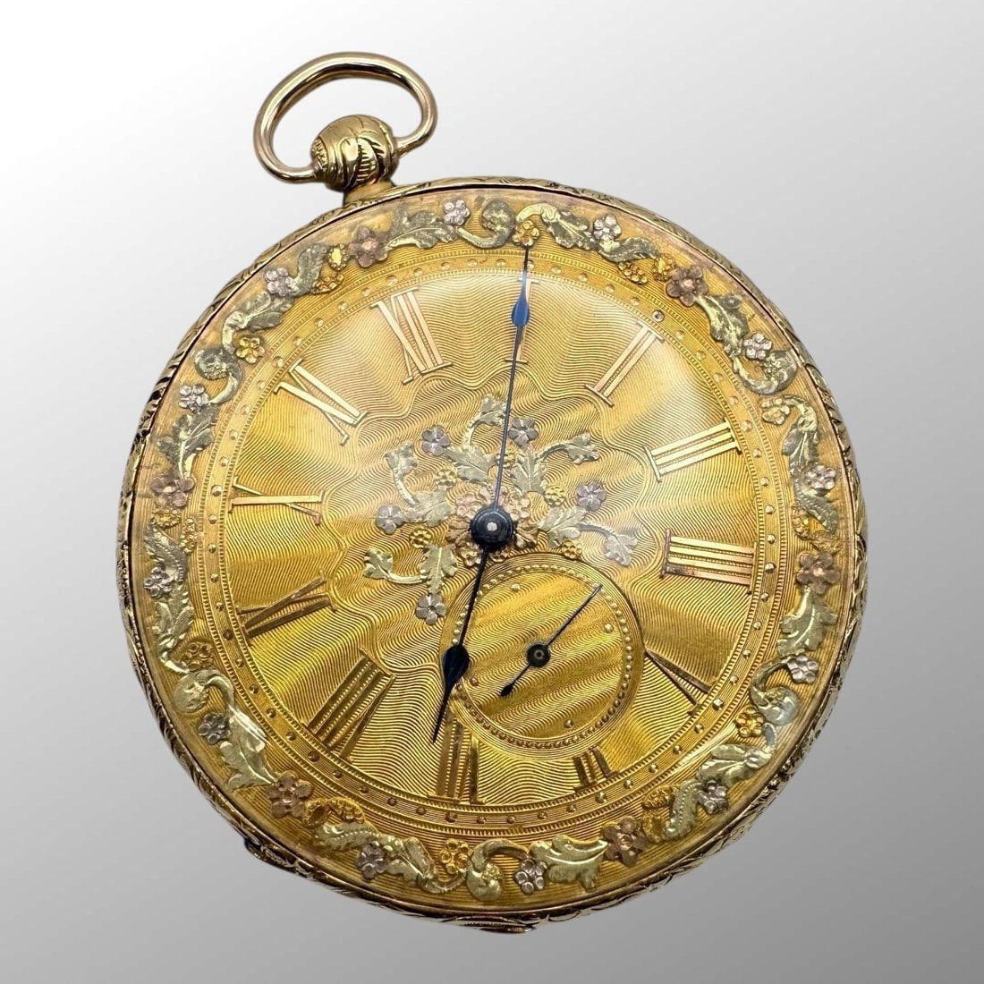 Victorian LeCoultre18K Yellow Gold Pocket Watch: Victorian LeCoultre18K Yellow Gold Pocket Watch . LeCoultre & Francois. Floral design. Roman numeral hour marks, blued hands, sub-second dial at 6pm. Hallmarked 18K. Key wind up mechanism with the key