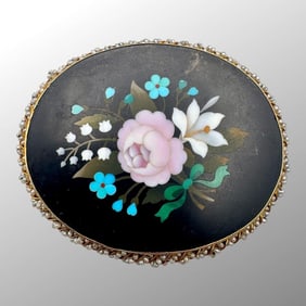 Italian 14K Yellow Gold Pietra Dura Large Brooch