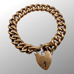 Antique 15K Rose Gold Chunky Curb Heart Bracelet