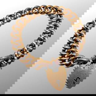 Antique 15K Rose Gold Chunky Curb Heart Bracelet: Antique 15K Rose Gold Chunky Curb Heart Bracelet. Heart padlock clasp with safety chain. Fully hallmarked with 15c, .625, makers mark W&CO. Approx. Dimensions (in): 8 x 7/16. Weight: 30.8g. Buyer pays
