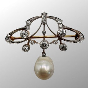 Antique 14K Yellow Gold Pearl Diamond Brooch/Pin