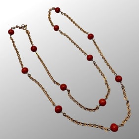 Italian 14K Yellow Gold Coral Station Necklace