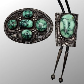Native American Sterling Turquoise Bolo Buckle Set