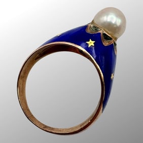 Art Deco 14K Gold Royal Blue Enamel Pearl Ring