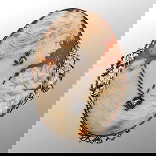 14K Gold Filigree Shell Cameo Brooch Pendant: 14K Gold Filigree Shell Cameo Brooch Pendant . Large Art Deco shell cameo with profile of a lady and two round diamonds. 14 karat white gold frame. Foldable bail. Marked 14K. Approx. Dimensions (in):