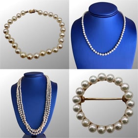 14K Gold Pearl Necklace Bracelet Brooch, Lot of 4