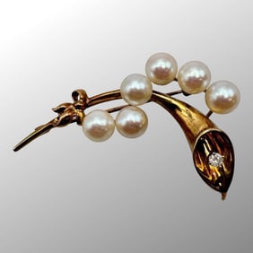 14K Gold Bouquet of Pearls and Diamond Brooch Pin