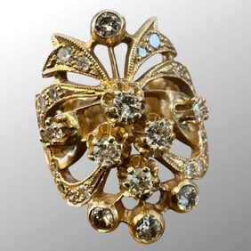 14K Yellow Gold Diamond Cluster Filigree Ring