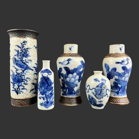 Five Antique Chinese Porcelain Blue & White Vases