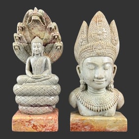 Lot of 2 Brahma Buddhist Carved Marble Sculptures