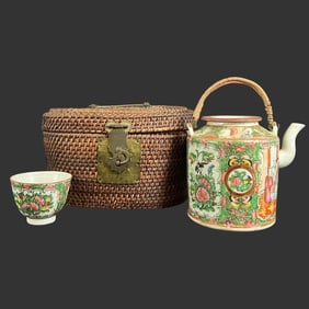 Chinese Canton Teapot & Cups with Woven Basket
