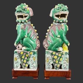 Pair of Famille Verte Porcelain Foo Dog Figurines