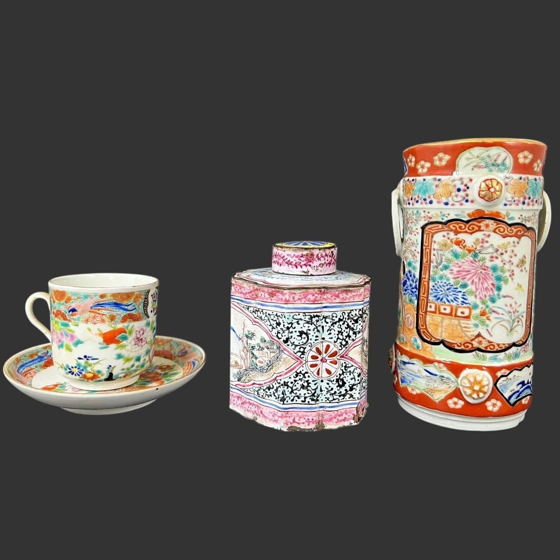 Lot of 3 Antique Chinese Porcelain Pieces: Lot of 3 Antique Chinese Porcelain Pieces. Vase has a small chip on the bottom. Lidded jar is enamel on metal. Teacup, saucer, and a vase are signed. Approx. vase dimensions (in): 6.25 x 3 x 3. Buyer 